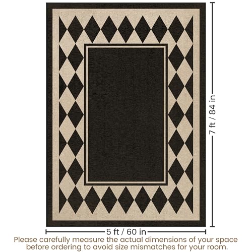 Washable Checkered Easy Jute Rug 5x7, Black Checkerboard Geometric Modern Outdoor Indoor Patio Large Bordered Rug, Woven Thin Carpet for Living Dining Play Room Bedroom Classroom Kids Nursery - color: Checkerboard -2 Black / Nature, size: 5' x 7'