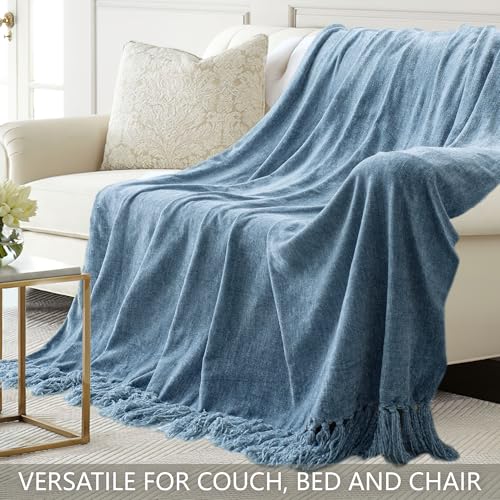 Chenille Throw Blanket for Couch 50"X 60", Soft Cozy Throws with Fringe Tassel for Bed Sofa Chair Cover, Lightweight Knitted Decorative Boho Blankets for Living Room, Dusty Blue - color: Dusty Blue, size: 50x60 inch