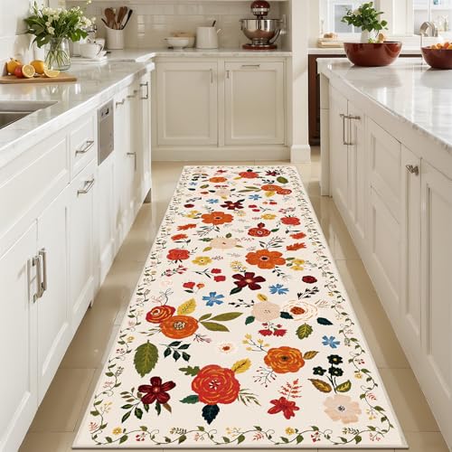 U'Artlines 2'x6' Boho Runner Rug for Hallways Kitchen Colorful Floral Soft Non Slip Washable Floor Carpet Runners for Entryway Laundry Room Bathroom Beige - color: Beige＆floral, size: 2' x 6' (Runner)