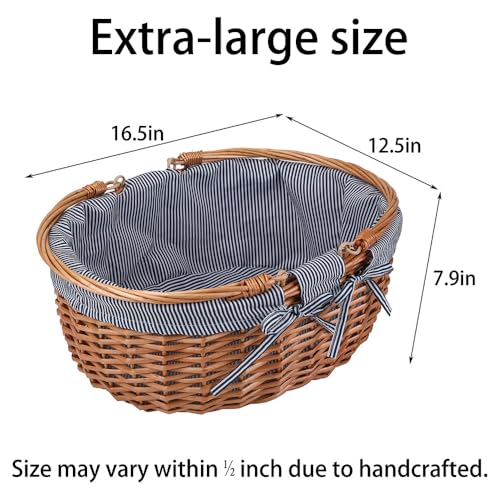 Large Wicker Picnic Basket with Handles,Handle Sturdy Woven Body with Removable and Washable Lining,Outdoor Camping,Gift Packing,Garden Picking, Storage.Gray - color: Gray