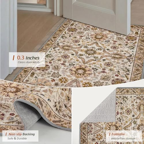 MINIDEAR 2x3 Area Rugs for Entryway Kitchen, Washable Rug Small Accent Rugs for Bedroom Non Slip Vintage Rug with Floral Print Thin Carpet Mat for Home, Daisy Brown - color: 03brown, size: 2' x 3' (Rectangular)