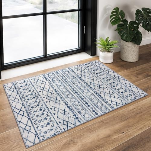 KUTA Moroccan Area Rugs, 2x3 Blue White Entryway Rug Non-Slip Washable Small Indoor Door Mat, Ultra Soft Print Vintage Distressed Geometric Low-Pile Floor Carpet for Entrance Kitchen - color: White/Blue, size: 2' x 3' (Rectangular)