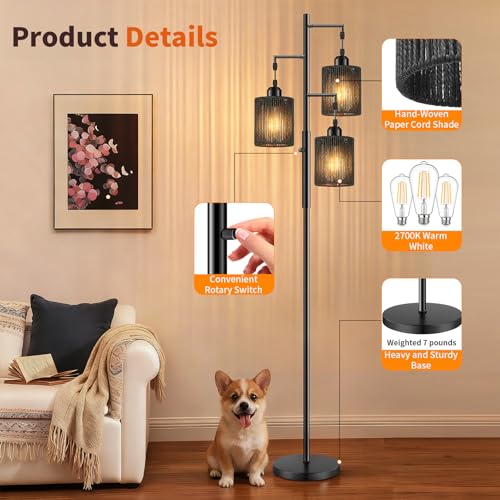 Hotsonic 72" Tall Boho Rattan Style Floor Lamp with Hand-Woven Paper Cord Shade, Dimmable Industrial Tree Standing Lamp for Living Room, Bedroom, Study Room, Office (3 x 800LM Bulbs Included) - Black - color: Black