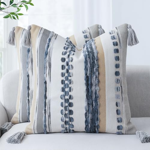 PANOD Chenille Farmhouse Throw Pillow Covers 16 x 16 Grey, Neutral Boucle Couch Pillow Cover, Striped Decorative Boho Coushion Cover Pillow Case for Couch Bed Sofa Bedroom,Modern Accent,Set of 2 - color: Grey Tone, size: 16" x 16" (Pack of 2)