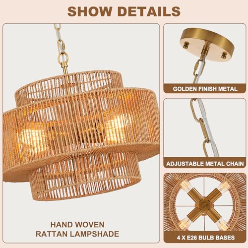 Widluth17.7 Rattan Pendant Light, Hand-Woven Boho Farmhouse Hanging Light Fixture, Drum Wicker Rattan Chandelier for Kitchen Island, Bedroom, Dining Room, Entryway - color: Gold 17.7"