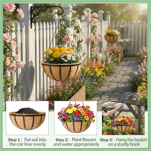 4 Pack 14 Inch Round Hanging Basket with Coco Liners， Metal Hanging Baskets for Plants Outdoor， Hanging Planter with Chain Garden Products for Outdoor, Porch, Lawn, Garden - size: 14 Inch