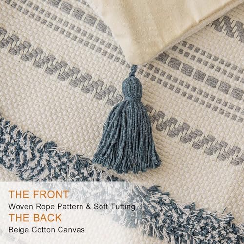 Boho Throw Pillow Covers 12x20 Set of 2 Woven Tufted Farmhouse Pillows Cover with Tassels Textured Striped Cushion Case Lumbar Pillow Cases Decorative Pillowcase for Sofa, Couch, Bed, Dark Blue - color: Dark Blue, size: 20" x 12" (Pack of 2)