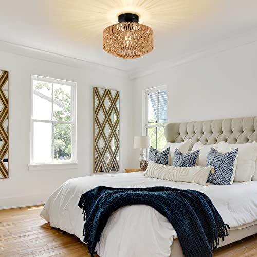 Boho Light Fixtures Ceiling Mount,Mini Rattan Chandelier Light Fixture with Dimmable LED Bulb,Hand Woven Ceiling Light Fixtures Flush Mount for Hallway Bedroom Kitchen Entryway Living Room - color: B-brown