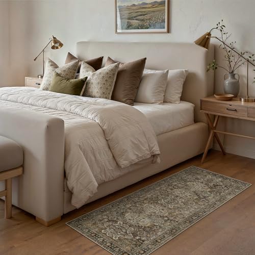 Bavni 2x5 Runner Rug, Non Slip Washable Runner Rug, Vintage Brown Hallway Rug Runner, Ultra Thin Low Pile Carpet Runner for Kitchen Bathroom Entryway Bedroom, Brown - color: Brown, size: 2' x 5' (Rectangular)