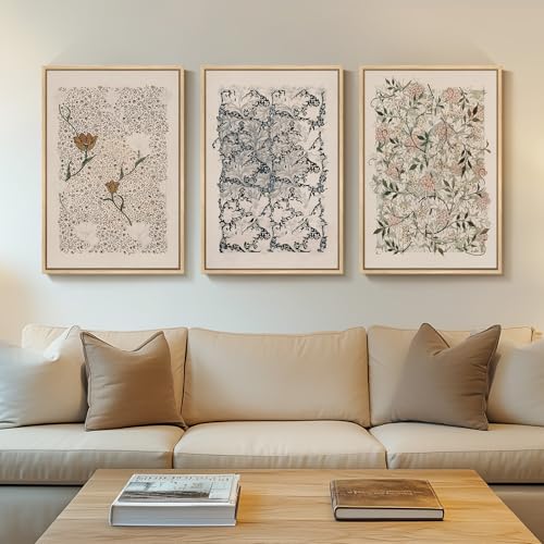 Framed Large William Morris Canvas Wall Art Set of 3, Vintage Nature Floral Artwork Prints, Boho Neutral Botanical Wall Decor for Living Room, Bedroom, Hallway and Office, Total Size 30x60 - color: Neutral Floral, size: 20"W x 30" H x 3Pcs