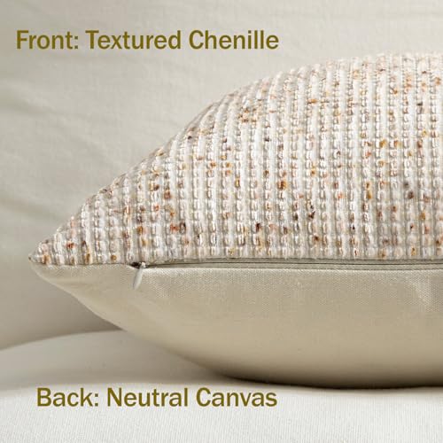 Pack of 2 Neutral Throw Pillow Covers 20x20 Boho Textured Dots Stripe Chenille Square Decorative Pillow Cases Accents for Living Room Couch Bed Farmhouse Home Decor, Beige - color: Beige, size: 20" x 20" (Pack of 2)