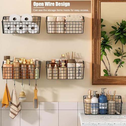 Sonyabecca 6 Pack Hanging Wall Basket for Organizing, Large Wire Basket for Storage Pantry with 5 S Hook+6 Adhesive Hook, Wall Mounted Shelf for Kitchen Bathroom - size: 13"L x 6.3"W x 6.02"H-6Pack