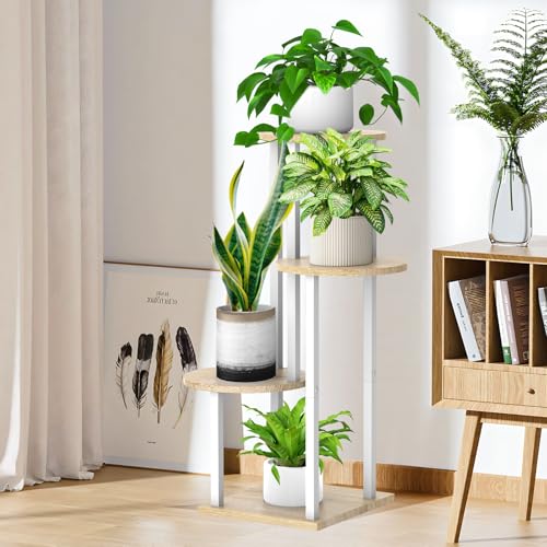 4 Tier Wood Tall Plant Stand Metal Rack Indoor, Multiple Flower Pot Holder Shelves Corner Rack, Round Planter Shelf Display Rack Storage Organizer for Patio Living Room Balcony(White+Oak) - color: White+Oak, size: 4 Tier