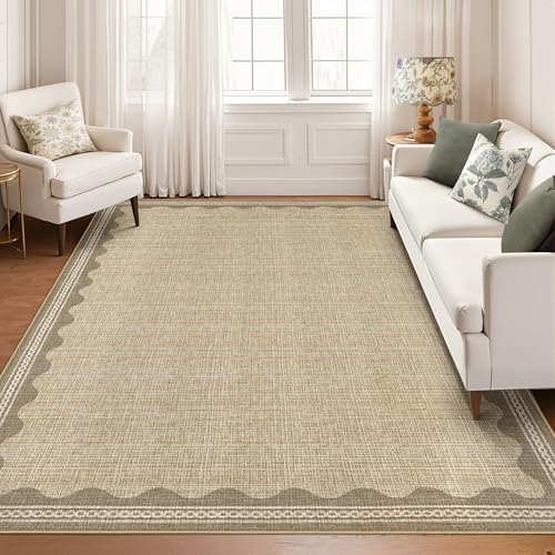 Garvee Scalloped Jute Rug 5x7 Washable Living Room Rug Non Slip Modern Rugs Ultra Soft Non-Shedding Floor Cover Low Pile Stain-Resistant Bordered Print Throw Carpet for Bedroom Kids Room Dorm Jute - color: Border Jute, size: 5' x 7' (Rectangular)