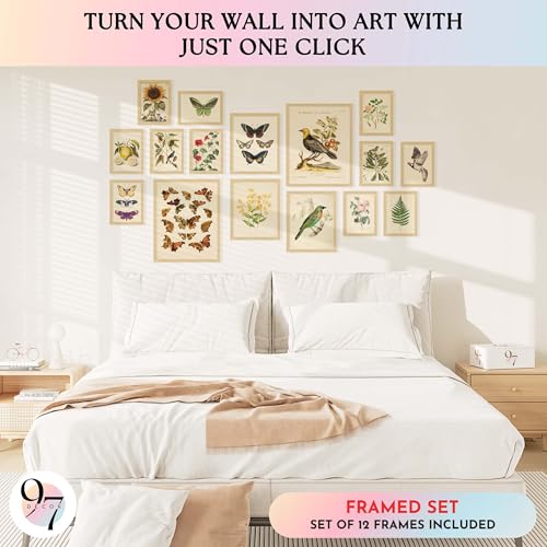 97 Decor FRAMED Vintage Botanical Wall Art Decor - Large Plant Posters For Room Aesthetic, Vintage Botanical Prints Nature Wall Decor, Floral Pictures Butterfly Bird Art For Home Bedroom (BEIGE FRAME) - size: FRAMED