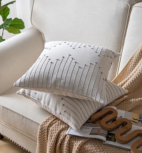 Caflife Boho Throw Pillow Covers 18x18 Set of 2 Decorative Pillows for Bed, Neutral Pillow Covers Beige with Grey Line Throw Pillows for Modern Farmhouse Couch Sofa Living Room Outdoor - color: Grey Beige, size: 18" x 18" (Pack of 2)