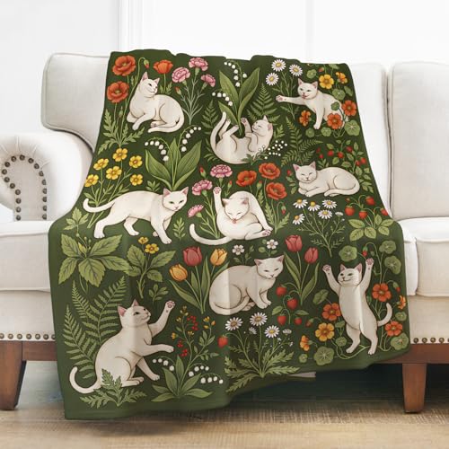 Levens Cat Floral Flannel Throw Blanket 50x60 | Ultra Soft Cozy Fleece | Vintage Botanical Cute Kitty Design for Aesthetic Room Décor Couch Bed Dorm Office Car Nap|Cottagecore Gift for Cat Lovers - color: Green, White, size: 50"x60"