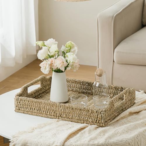 Wicker Scalloped Serving Tray with Handles - Seagrass Handwoven Trays,Water Hyacinth Tray for Home Decor and Living Room, Dining Table, Bathroom Organizing, 17.3" L x 13.4" W x 3.6" H - color: Seagrass-rectangle, size: 17.3" x 13.4" x 3.6"