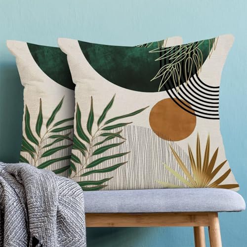 Boho Mid Century Pillow Covers 16x16 Set of 2, Boho Leaves Abstract Throw Pillowcase Geometric Aesthetic Sunset Outdoor Farmhouse Cushion Cover for Sofa Couch Bed Living Room Decor - color: Boho17, size: 16" x 16" (Pack of 2)