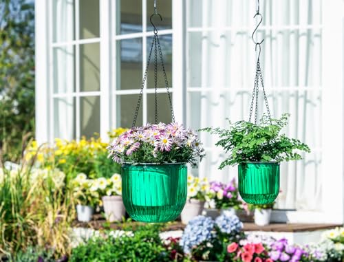 Josteve 5.2/8.2 Inch 2 Pcs Self Watering Hanging Planter Indoor Plant Pots Drainage Holes, Outdoor Small Hanging Planters Flower Pot Basket, Visible Water Level, Plant Hanger Home Decor, Gardening - color: Emerald, size: 2*5.2/8.2 inch