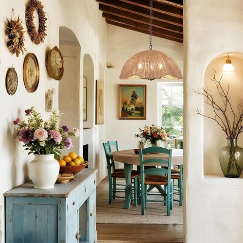 ocioc Rattan Pendant Lighting,23.6" Kitchen Island Hanging Light Fixtures,Large Boho Hand-Woven Chanderlier, E26 Farmhouse Retro Ceiling Chandelier 3-Lights for Dining Room Kitchen Island Living Room - size: 23.6" 3-Light