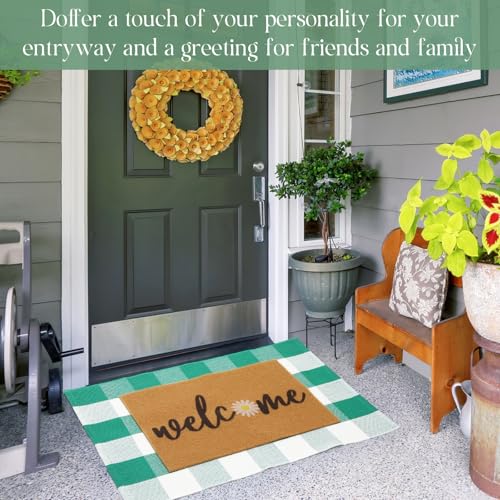 2 Pcs Door Mat Combo Set Layered Outdoor Rug and Coir Welcome Doormat Non Slip Floor Mat for Front Porch Entryway Outside Indoor Decor(Green Daisy,24'' X 35'',24'' X 16'') - size: 24'' X 35'',24'' X 16''