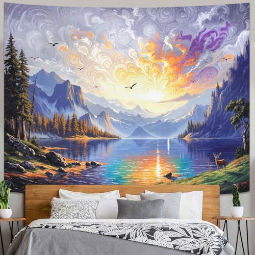 Wegklazax Sunset Lake Tapestry, Scenic Mountain Forest Wall Art for Room Decor, Vibrant Nature Home Decor 60" L x 44" W - color: White Blue, size: 60"L x 44"W