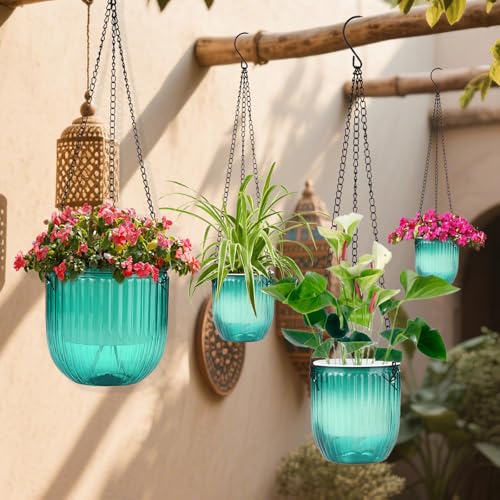 4 Pack Self Watering Hanging Planters with Drainage Holes –Hanging planters for Indoor Plants, Flowers, Succulents – Lightweight, Durable Hanging Baskets Green - color: Emerald Green