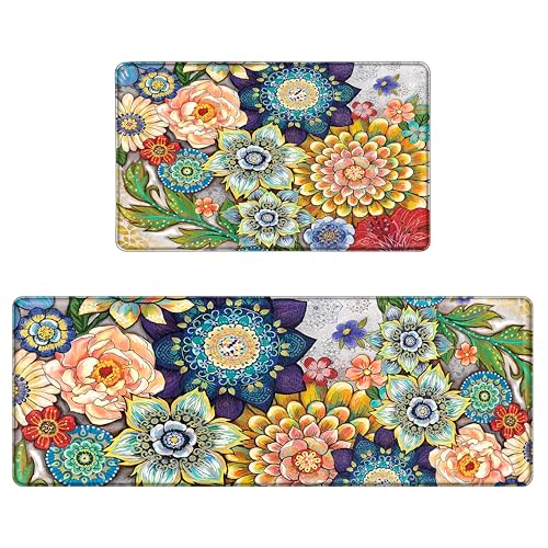 Boho Floral Kitchen Rugs Mats for Floor 2 Piece Memory Foam Padded Kitchen Mats Anti Fatigue Non Slip Cushioned Comfort Standing Mat, 17.3x28+17.3x47 Inch - color: Colorful Boho Floral, size: 17.3"x28"+17.3"x47"-0.40Th[2PCS]