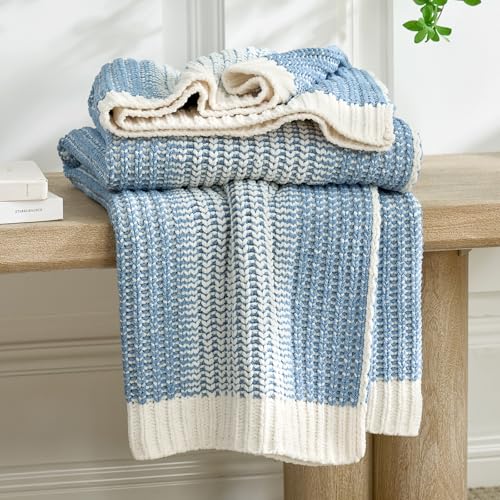 Amélie Home Premium Chenille Throw Blanket, Soft Cozy Luxury Two-Tone Knit Blanket for Couch, Sofa, Chair, Home Decor, Blue & Ivory 50"x60" - color: Two-tone Blue, size: 50" X 60"
