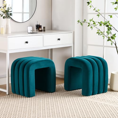 ONEVOG Velvet Pouf Ottoman, Small Ottoman Foot Rest for Couch, 18 Inch Cute Vanity Chairs for Makeup, Living Room Decorative, Sturdy Frame, Upholstered Modern Footrest for Bedroom, Dorm, Teal, 2Pcs - color: Teal