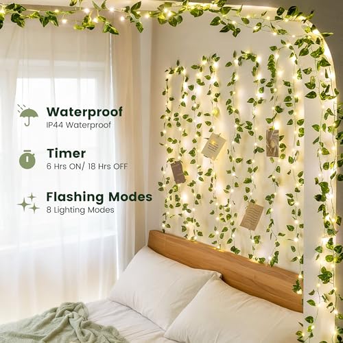 HEYFUNi 23ft Pre-Wrapped Pothos Vine Lights with 73 LEDs, USB or Battery Operated Artificial Greenery Garland with Fairy Lights for Bedroom, Dorm Room, Wall Decor, Boho Room Decor, Warm White - color: Pothos, size: 73 LED-USB & Battery