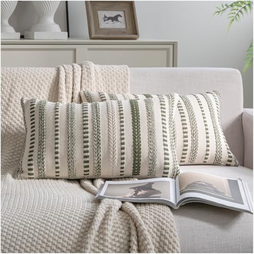 Cethom Green Boho Throw Pillow Covers 12x20 Inch Set of 2, Stripe Textured Decorative Couch Pillow Cases for Bed, Sofa, Living Room, Bedroom, Farmhouse Home Accent Cushion Covers - color: Green, size: 20" x 12" (Pack of 2)