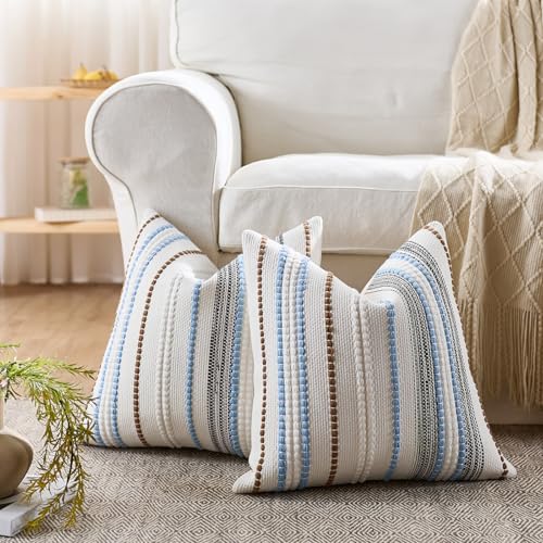 Boho Pillow Covers 18x18 Inch Blue White Brown Striped Farmhouse Decorative Accen Throw Pillow Covers Boho Cushion Case for Bed Sofa Couch Home Decor Set of 2 - color: Blue White Brown