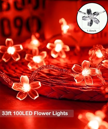 JACUXLSS Cherry Blossom Flower String Lights, 100 led 33 feet 8 Mode Plug in Fairy Lights for Valentine's Day, Wedding, Birthday Party, Christmas Easter Tree Hanging Decorations (Red) - color: Red