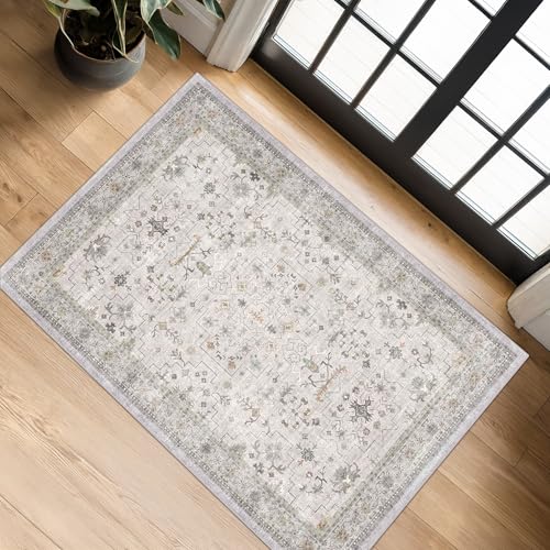 Washable 2x3 Throw Rugs for Entryway, Front Door Mat, Low Pile Non-Slip Small Area Rugs for Kitchen, Bathroom, Powder Room, Mudroom, Neutral Light Grey with Floral Accent - color: Light Gray, size: 2' x 3' (Rectangular)