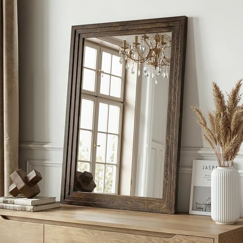 Wood Framed Mirrors for Wall, Brown Bathroom Vanity Mirror for Over Sink 20 x 30, Rustic Wall Mirror for Bathroom Sink Hallway Entryway Bedroom Living Room Farmhouse Boho Style - color: Wooden Brown, size: 30"L x 20"W