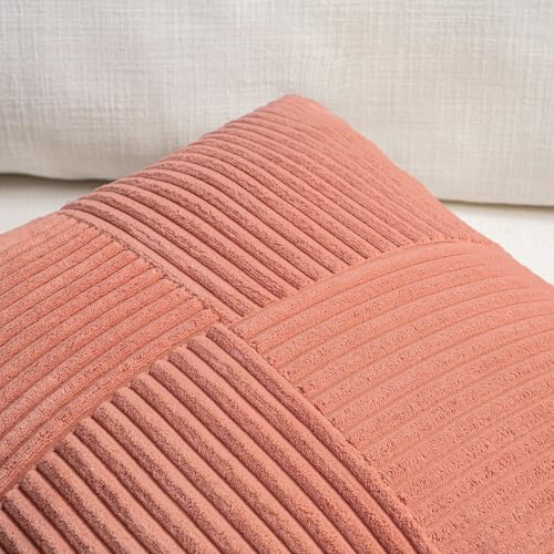 Fancy Homi 2 Packs Coral Samll Decorative Throw Pillow Covers 12x12 Inch with for Couch Bed Sofa, Rustic Farmhouse Boho Home Decor, Soft Corss Patchwork Corduroy Square Peach Cushion Case 30x30 cm - color: Coral, size: 12" x 12" (Pack of 2)