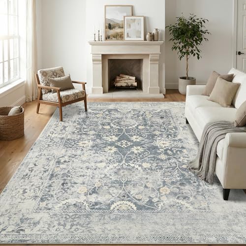 Area Rug 6x9 for Living Room - Machine Washable Rugs for Bedroom Home Office - Vintage Stain Resistant Non Slip Low Pile Carpet for Dinning Room Farmhouse Kis Room,Blue - color: Vintage Blue, size: 6' x 9' (Rectangular)