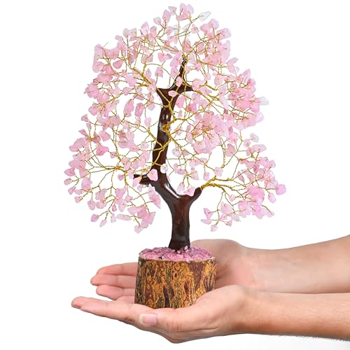 Crocon® Rose Quartz Crystal Tree of Life - Love & Self-Care Healing Crystals for Positive Energy, Feng Shui Money Tree, Pink Home Room Decor, Birthday Gifts for Women, Mom, Sister, Girlfriend & Her - color: 001 Rose Quartz (Golden Wire)
