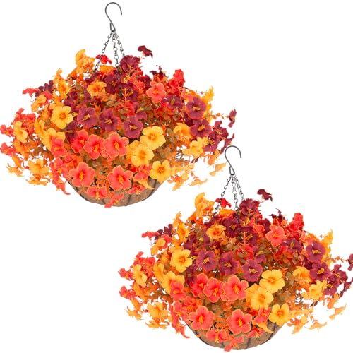Daynight 2Set Artificial Outdoor Fall Flowers with Hanging Baskets,24Pcs Faux Petunias Flowers with Hanging Planter for Indoor Porch Yard Garden Autumn Decor (2, Orange) - color: Orange