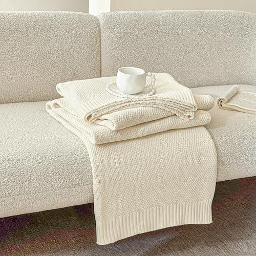 Simple&Opulence 100% Cotton Blanket King Size, Solid Color Cable Knitted Blanket Super Soft Comfortable Breathable Decorative Farmhouse for Couch Sofa Bed, All Season Use(White,104x90) - color: White, size: King Size 104x90"