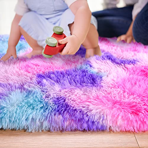 junovo Ultra Soft Washable Shaggy Rug - Non-Slip Oval Carpet for Nursery, Kids Bedroom & Home Decor (2.6x5.3ft Tie-Dye Hot Pink) | Plush Fluffy Floor Mat for Cozy Living Spaces - color: Tie-dye Hot Pink, size: 2.6' x 5.3'