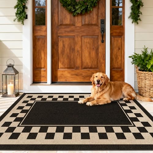 Washable Checkered Easy Jute Rug 3x5, Black Checkerboard Geometric Outdoor Indoor Patio Small Bordered Rugs, Woven Non Slip Thin Neutral Carpet Mat for Bedroom Entryway Front Door Farmhouse - color: Checkerboard -1 Black / Nature, size: 3' x 5'