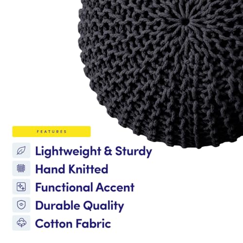 Pouf Ottoman Foot Rest Stuffed – 20” Diameter x 14” Tall Cozy Floor Pouf for Living Room, Bedroom, Nursery & More – 100% Cotton Knit Shell, EPS Bead Filled Footrest & Accent Chair, Black - color: Black