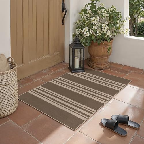 PureCozy Striped Easy Jute Rug 2x3 Brown Entryway Carpet Washable Non Slip Door Mat Farmhouse Neutral Non Shedding Entry Small Indoor Outdoor Rug for Kitchen Bedroom Mudroom Bathroom - color: Brown/Striped, size: 2' x 3' (Rectangular)