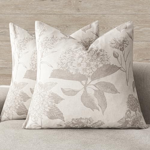 Foindtower Set of 2 Linen Floral Vintage Throw Pillow Covers Neutral Accent Decorative Cushion Covers Farmhouse Boho Home Decor for Sofa Chair Couch Bedroom Living Room,20×20 Inch,Tan Beige - color: Doeskin, size: 20" x 20" (Pack of 2)