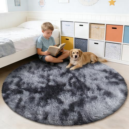 Tie-Dyed Black Fluffy Round Rug,Soft Area Rugs for Girls Room,Shaggy Rugs 3'X3' for Living Room,Non Slip Circle Rug for Kids Bedroom,Shag Plush Nursery Rug,Plush Carpet for Dorm,Cute Furry Room Decor - color: Mottling Black, size: 3' (Round)