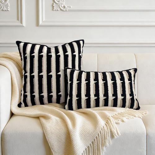20"x20" Black Cream Stripe Tufted Pillow Covers Luxury Geometric Accent Pillows Soft Woven Decorative Pillow Cases for Couch, Sofa, Bedroom Décor (Black, 20"×12") - color: Black, size: 20" x 12" (Pack of 1)