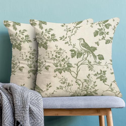Sage Green Pillow Covers 18x18 Set of 2 Chinoiserie Flower Birds Throw Pillow Covers Outdoor Decor Spring Summer Vintage Floral Pillowcase Farmhouse Decorative Linen Cushion Case for Couch Sofa - color: A-floral Birds-green, size: 18" x 18" (Pack of 2)